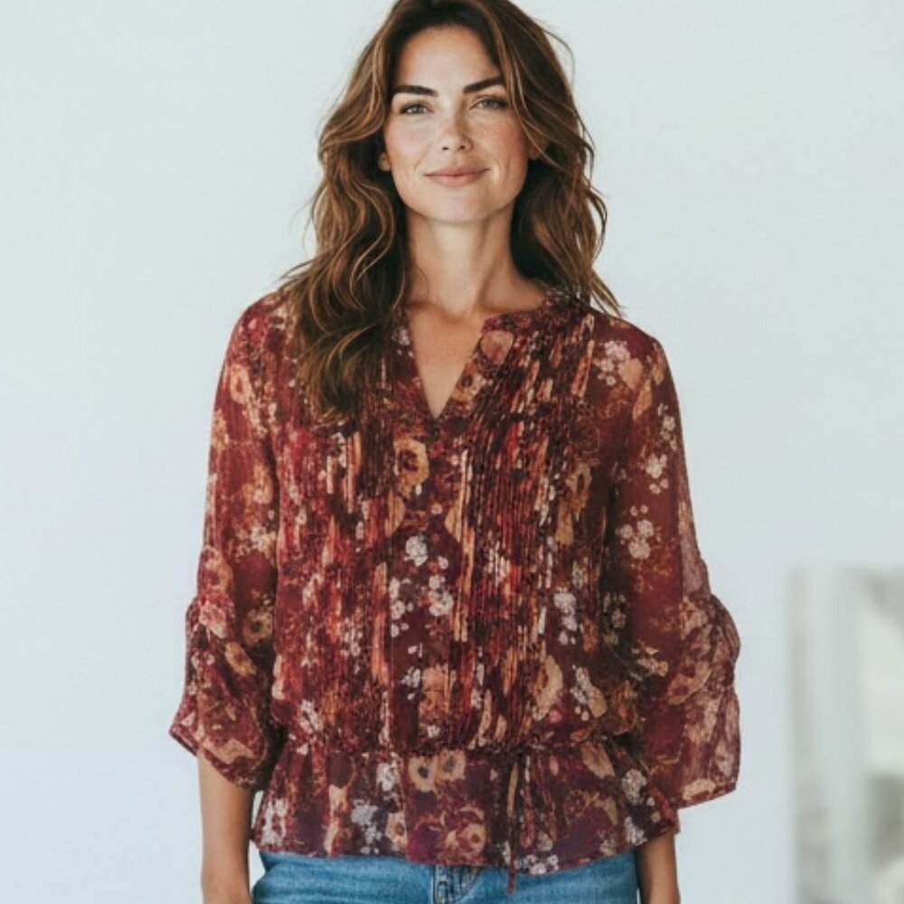a.n.a. Sheer Floral Blouse Sz L Multicolor/Burgundy #224A